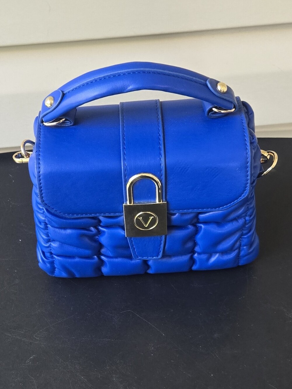 Blue Quilted Top-Handle Bag with Gold Lock